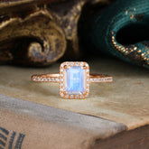 1 Carat Emerald Cut Classic Halo Moonstone Wedding Ring with Pave Band